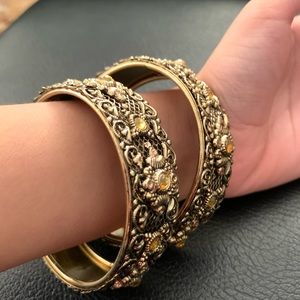 Antique Gold Wide Bracelets with Precious Gemstones x 2